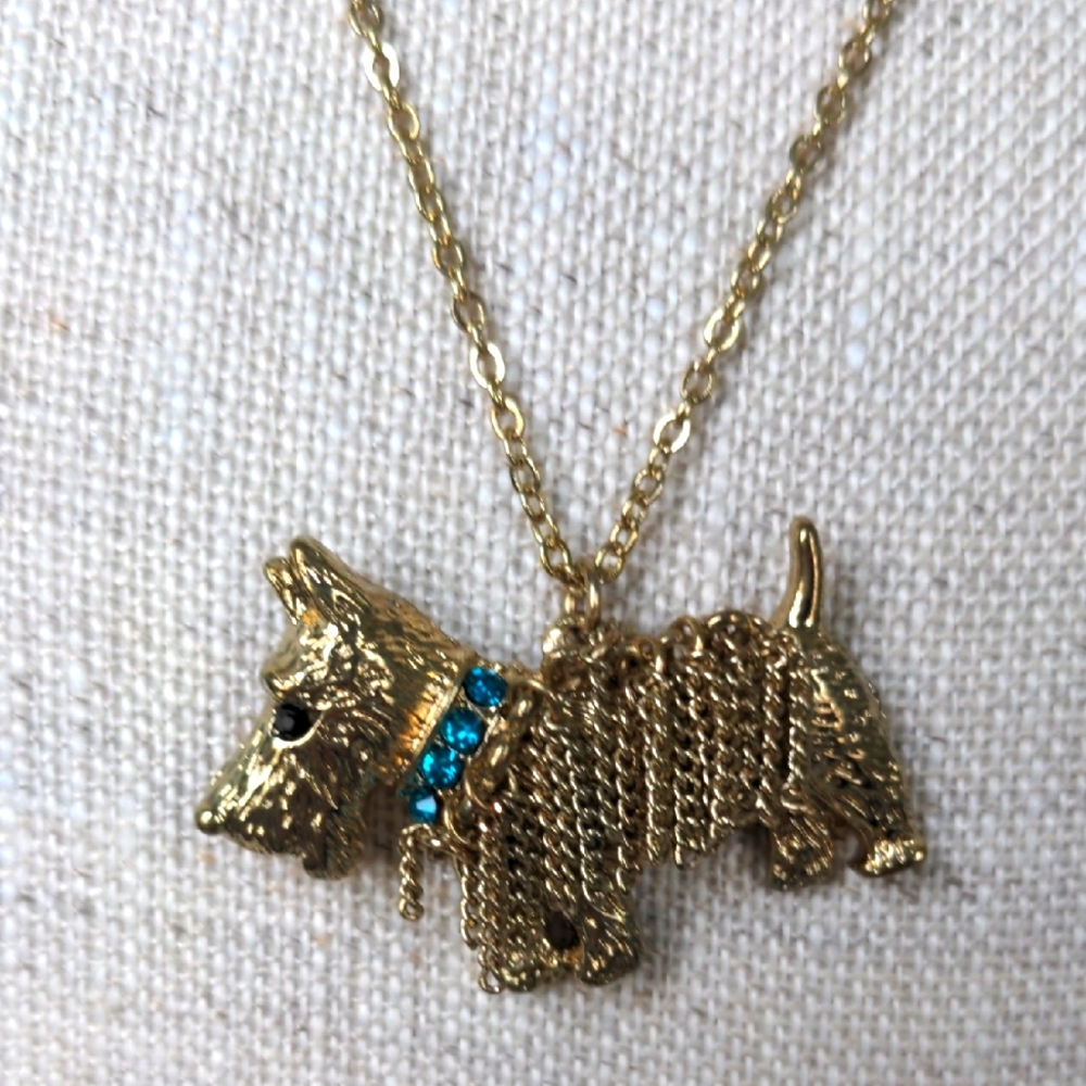 Goldtone Dog Pendant Necklace, Green& Black Crystals, 16"+2" Long, Scottie, Pet